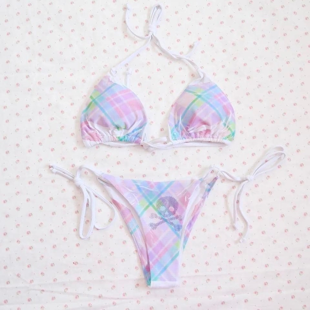 plaid skull and crossbones string bikini y2k swimwear